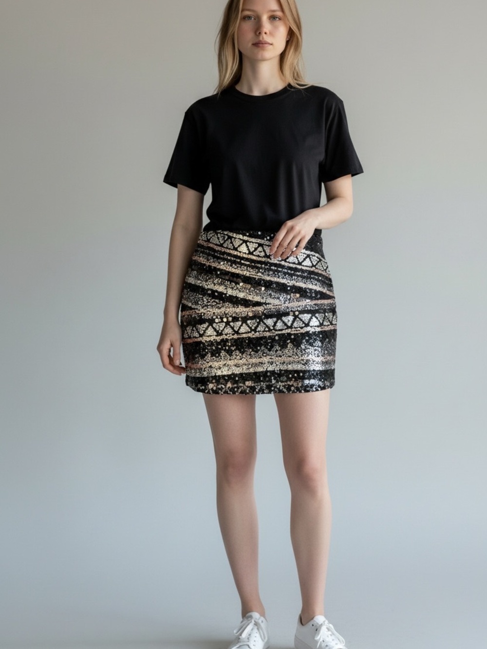 Express Black Sequin Mini Skirt with Silver and rose Accents - Picture 3 of 3